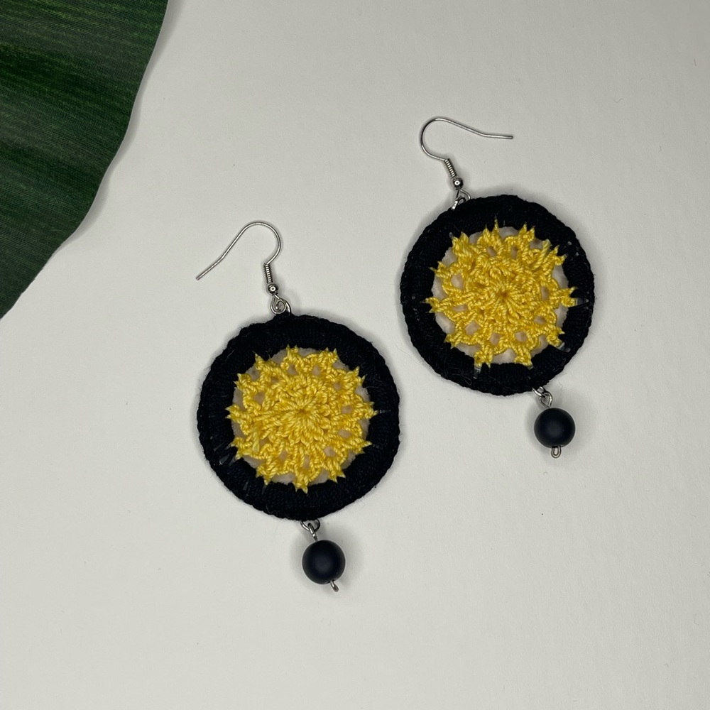 Crocheted Dreamcatcher Earrings Black & Yellow